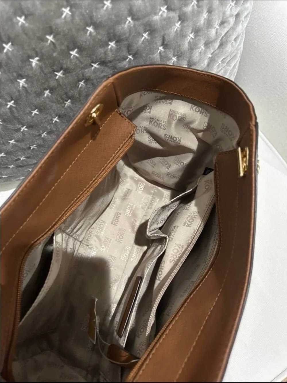 Michael Kors Cognac Saffiano Leather Shoulder Tote with Gold MK Emblem